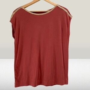 Ann Taylor Factory Terracotta Red Boat Neck Top Gold Metallic Trim Medium